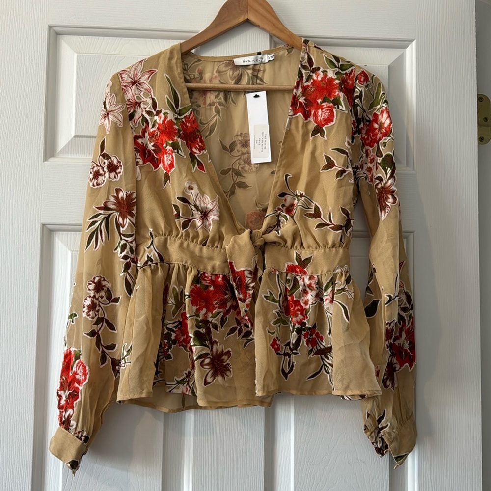 Floral Tie-Front Blouse in Tan with Red Accents